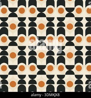 Seamless mid-century modern geometric pattern with circles and half-circles in black, white, and orange. A retro vector illustration ideal for textile Stock Vector