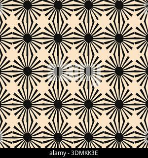 Vintage retro Japanese geometric sunburst seamless pattern. A dynamic vector illustration with starburst shapes in black and beige tones, ideal for fa Stock Vector