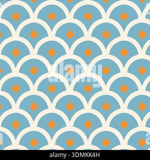 Seamless Scallop Pattern with Diamond Accents. A geometric vector illustration in blue, white, and orange, ideal for fabric, wallpaper, and textiles. Stock Vector