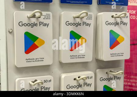 Poznan, Poland - November 22, 2025: Google Play gift cards shown on a retail store display, facilitating easy purchase for digital content, apps, movi Stock Photo