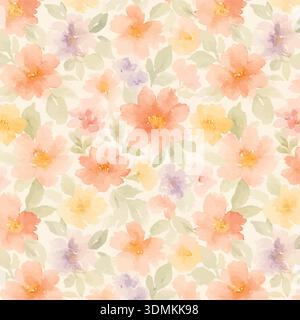 Warm Autumn Watercolor Floral Seamless Pattern. Hand-painted peach, orange, and yellow flowers and leaves. Vector illustration for fabric, wallpaper, Stock Vector