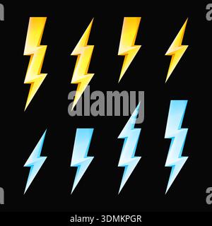 Set of lightning bolts on black background. The lightnings is colored yellow and blue. Stock Vector