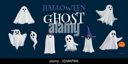 Halloween ghosts. 3d happy characters in witch hat, cute fantasy monsters in white sheet as scary spooky decor, funny face horror render mascot. Funny creepy festival decoration. Vector background Stock Vector