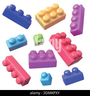 Toy blocks. Realistic plastic bricks. Pink and purple constructor render elements for puzzle. Geometric shape. Green build cube. Playing children figures. Vector 3D objects set on white background Stock Vector