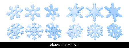 3d snowflake set. Ice snow flake, winter crystal render glossy decorative objects or frost realistic blue decoration different angles view. Plastic weather shape. Vector isolated icons collection Stock Vector