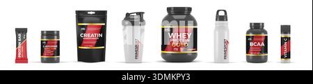 Protein supplement. Sport bottle 3D package. Vitamin bar. Whey product shake. Energy powder drink. Nutrition jar. Product for bodybuilding product. Fitness food. Vector packaging realistic mockups set Stock Vector