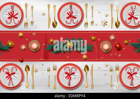 3D Xmas cutlery. Top view of table with napkin. Gold Christmas food party or winter restaurant kitchen poster. Coniferous decor. Holiday ball and candle. New year dinner serving. Vector background Stock Vector