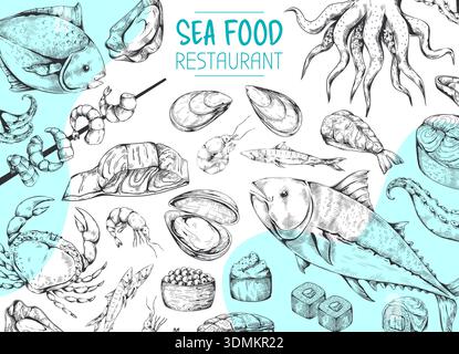 Seafood restaurant background. Menu cover or flyer design. Hand drawn fish. Sketch style crab salmon and octopus, different seashells. Delicacy mollusk. Kitchen print. Vector isolated illustration Stock Vector