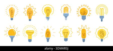 Cartoon bulb. Electricity led light, creative retro doodle design or technology, energy graphic innovation and inspiration symbol. Creative idea. Fluorescent illumination. Vector isolated icons set Stock Vector