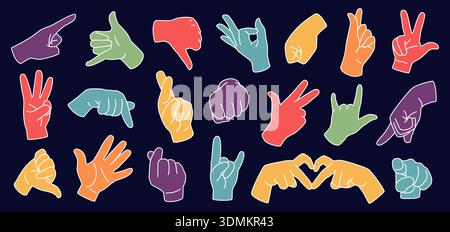 Thumb icons. Different hand gestures. Finger up, ok or heart retro drawn logo sign. Modern touch, minimal brush shape. Forefinger pointing, approval sign. Vector cartoon lines flat illustration set Stock Vector