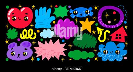 Cute stickers. Fun doodles cloud, funny graphic shapes as retro groovy decoration. Funky sparkle speech bubble. Heat and bear animal character with face. Vector cartoon flat isolated elements set Stock Vector