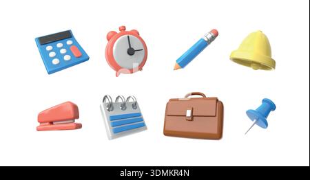 3D icon. Office supply. Notice organizer. Stapler and clip. Notification bell. Calculator and alarm clock timer. Stationery pin. Calendar reminder. Pen and pencil. Vector render plastic symbols set Stock Vector