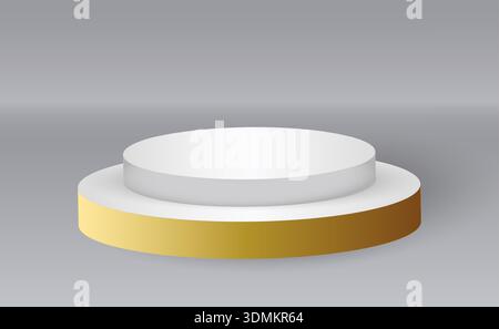 Round 3d podium. White and gold platform for product presentation. Showcase for advertising. Blank minimalistic design. Empty pedestal, exhibition studio surface. Realistic isolated vector element Stock Vector