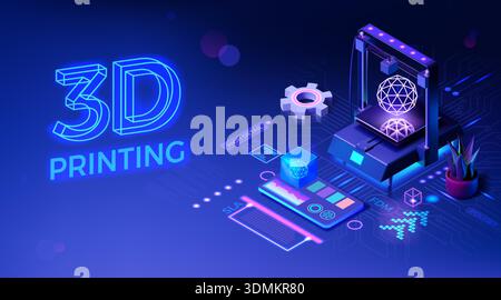 3D printer. Additive print technology. Prototyping material maker and digital education product. Creative filament modeling. Glowing abstract equipment. Modern production. Vector design background Stock Vector