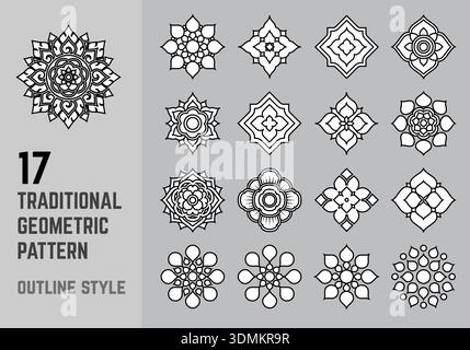 tradition geometric pattern icon symbol for decoration outline element vector set thai vintage style Stock Vector
