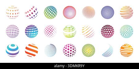 Sphere logo. Globe with square or hexagon texture elements. Color ball. 3D orb. Tech pixel round geometric shape. Abstract wavy graphic form. Concentric circles. Checkered surface. Vector icons set Stock Vector