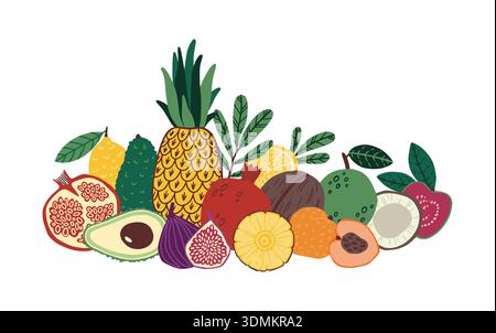 Fruits composition. Exotic whole and half fresh harves. Banana, fresh mango and pineapple. Juicy citrus and coconut. , hand drawn avocado, doodle kiwi. Vector cartoon flat style isolated illustration Stock Vector