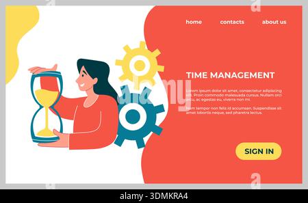 Time management landing page. Website banner. Woman holding hourglass with gears, productivity work, planning efficiency project, workflow optimization. Vector cartoon flat style isolated illustration Stock Vector