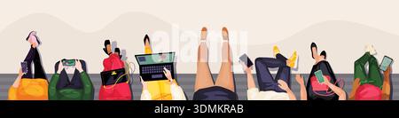 Students at seats. University campus. Teens read from smartphones screens. People education. College persons sitting on bench. Adult writing in book. School teenagers top view. Vector illustration Stock Vector