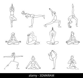 Woman make stretching exercise at fitness. Continuous one line drawing ...
