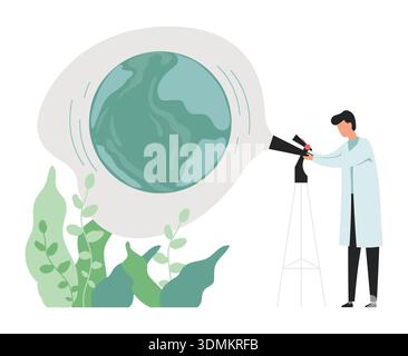Lab scientists. People conduct science experiment. Biology and geology research. Man looking at Earth planet through telescope. Climate and ecology study. Ecosystem scientific explore. Vector concept Stock Vector