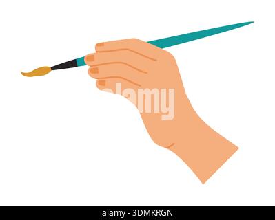 Hand holding paintbrush. Creativity art process, design work, image making, drawing equipment. Stationery for draw handmade craft. Arm holding tool gesture. Vector cartoon flat isolated illustration Stock Vector
