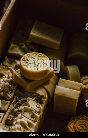 natural skincare in eco packaging, boutique collection of herbal soap bars displayed stylishly Stock Photo