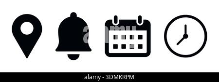 Set of four black icons representing notification Location, time, calendar and notification bell vector illustration Stock Vector