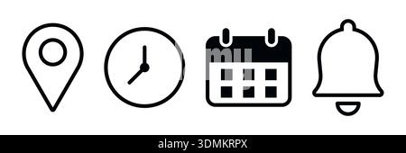 Set of four black icons representing notification Location, time, calendar and notification bell vector illustration Stock Vector