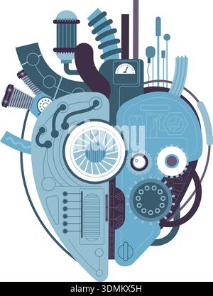 Steampunk machine. Mechanical heart. Clockwork machinery drawing isolated on white background Stock Vector