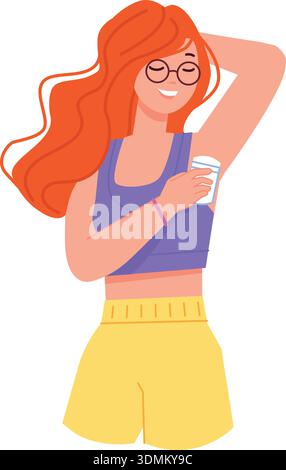 Woman apply deodorant to armpits. Everyday hygiene procedure isolated on white background Stock Vector