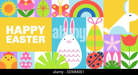 Happy Easter vector illustration in flat geometric style featuring colorful eggs, bunny, rabbit and spring flowers arranged on bright color blocks. Fe Stock Vector
