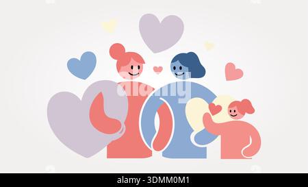 Colorful illustration of love and friendship with hearts and people Stock Vector