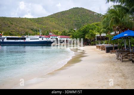 Lady Venture Ferry Galge Cove Beach Palm Trees Cruz Bay United States | CRUZ BAY, US Virgin Islands — The Lady Venture passenger ferry is moored at the dock in Cruz Bay harbor, with the sands of Galge Cove Beach visible along the shoreline. As the main port of entry for St. John, this harbor serves as the primary gateway to the Virgin Islands National Park, which protects over 60% of the island's land area. The park preserves the subtropical dry forest ecosystem seen on the hillsides, while introduced Coconut Palms (*Cocos nucifera*) have become a characteristic feature of the coastline. Stock Photo