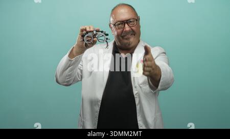 Man doctor in white coat holds eye test trial frame and extends hand forward in studio; welcoming care. Stock Photo