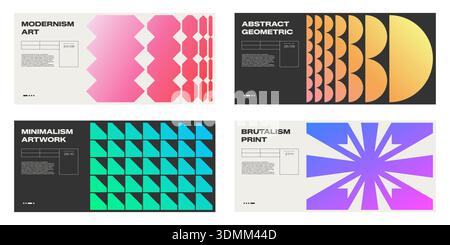 Bold brutalist wave with unique tech curve and flat geometric distortion. Horizontal banner set with y2k rave aesthetic, psychedelic particle rhythm, and retro visual warp composition. Stock Vector