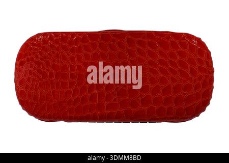 red glasses case closed shut isolated on white background looking down on from above overhead top down Stock Photo