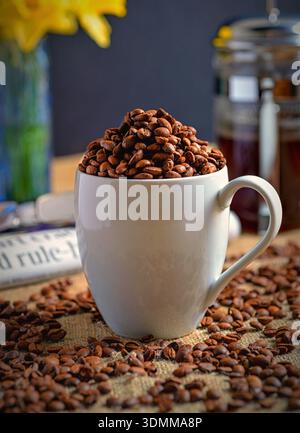 Coffee cup filled with coffee beans Stock Photo