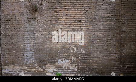Weathered brown brick wall texture outdoor closeup with peeling mortar, subtle moss and layered patina; background backplate copyspace template. Stock Photo