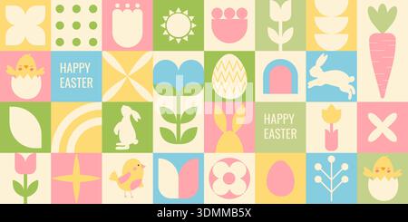 Horizontal geometric Easter banner with pastel colors, eggs and spring elements. Minimal modern design suitable for web, social media and print layout Stock Vector