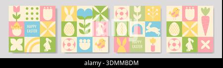 Set of elegant geometric Easter greeting cards in pastel tones with eggs and rabbits. Clean modern style perfect for holiday greetings. Stock Vector