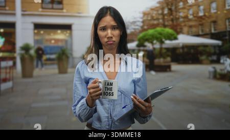 Young southeast asian woman in blue shirt holds i am the boss mug and clipboard with both hands, lips pursed, standing on street near cafe; frustratio Stock Photo