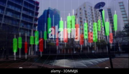 Displaying faint candlestick chart overlay hovering over plaza, showing grid and reflecting pool Stock Photo