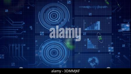 Displaying concentric HUD radar graphics pulsing at center on blue grid dashboard, with bar charts Stock Photo