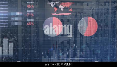 Displaying translucent analytics dashboard overlaying data center racks, with pie charts and LEDs Stock Photo