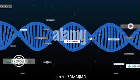 Showing blue DNA helix across dark starry backdrop, featuring floating data labels and HUD badges Stock Photo