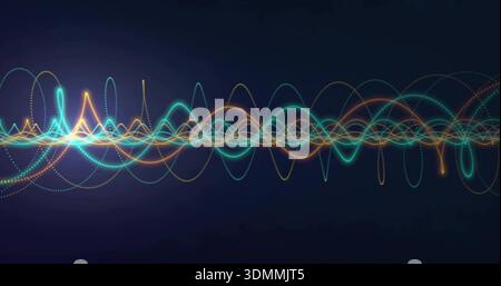 Streaming dense band of neon waveforms oscillating on navy gradient backdrop with glowing nodes Stock Photo