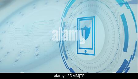 Displaying stylized smartphone icon on right within HUD rings, showing shield emblem, copy space Stock Photo