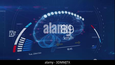 Displaying 3D wireframe brain hologram on virtual HUD showing 89 km or h mapping markers, time 18:45 Stock Photo