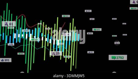 Displaying candlestick bars with red and teal trend lines on virtual dashboard, showing badges 2782 Stock Photo